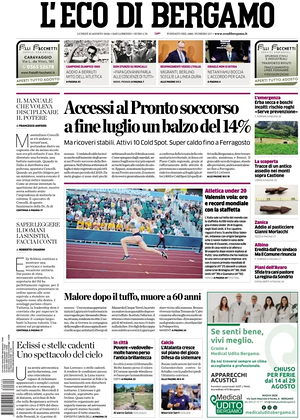 Prima pagina L'Eco di Bergamo di oggi - Quotidiano regionale