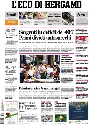 Prima pagina L'Eco di Bergamo di oggi - Quotidiano regionale