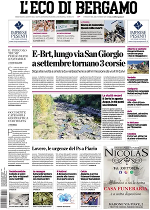 Prima pagina L'Eco di Bergamo di oggi - Quotidiano regionale