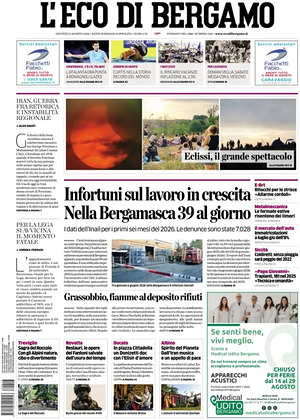 Prima pagina L'Eco di Bergamo di oggi - Quotidiano regionale