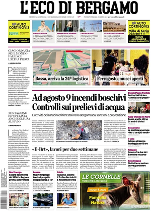 Prima pagina L'Eco di Bergamo di oggi - Quotidiano regionale