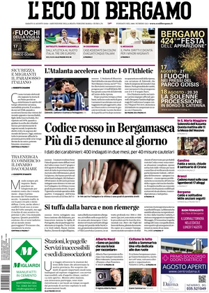 Prima pagina L'Eco di Bergamo di oggi - Quotidiano regionale