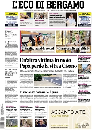 Prima pagina L'Eco di Bergamo di oggi - Quotidiano regionale