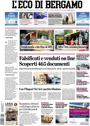 Prima pagina L'Eco di Bergamo di oggi - Quotidiano regionale