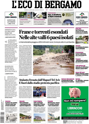 Prima pagina L'Eco di Bergamo di oggi - Quotidiano regionale
