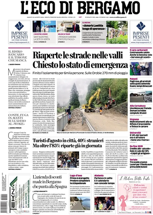 Prima pagina L'Eco di Bergamo di oggi - Quotidiano regionale