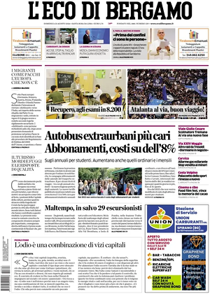 Prima pagina L'Eco di Bergamo di oggi - Quotidiano regionale