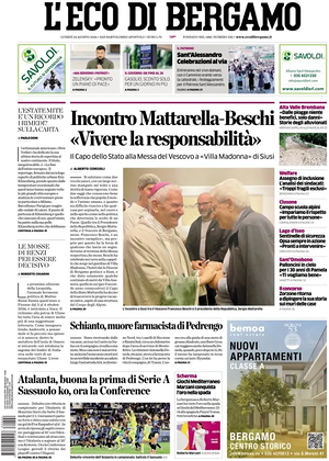 Prima pagina L'Eco di Bergamo di oggi - Quotidiano regionale
