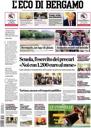 Prima pagina L'Eco di Bergamo di oggi - Quotidiano regionale