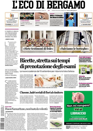 Prima pagina L'Eco di Bergamo di oggi - Quotidiano regionale