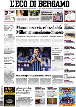 Prima pagina L'Eco di Bergamo di oggi - Quotidiano regionale