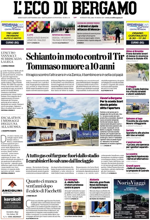 Prima pagina L'Eco di Bergamo di oggi - Quotidiano regionale