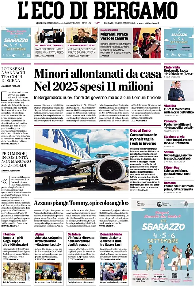 Prima pagina L'Eco di Bergamo di oggi - Edicola 4 Settembre 2026