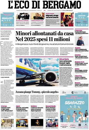 Prima pagina L'Eco di Bergamo di oggi - Quotidiano regionale