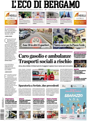 Prima pagina L'Eco di Bergamo di oggi - Quotidiano regionale