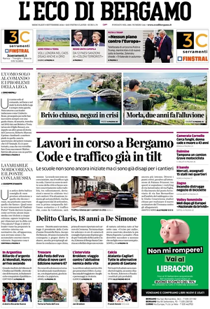 Prima pagina L'Eco di Bergamo di oggi - Quotidiano regionale