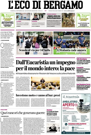 Prima pagina L'Eco di Bergamo di oggi - Quotidiano regionale