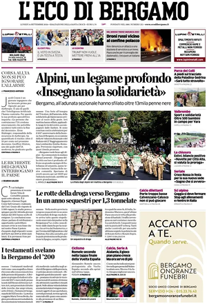 Prima pagina L'Eco di Bergamo di oggi - Quotidiano regionale