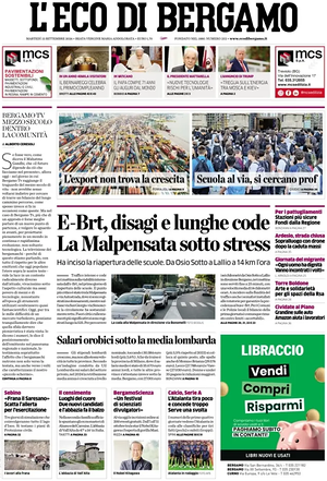 Prima pagina L'Eco di Bergamo di oggi - Quotidiano regionale