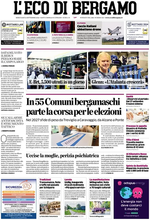 Prima pagina L'Eco di Bergamo di oggi - Quotidiano regionale
