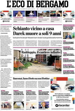 Prima pagina L'Eco di Bergamo di oggi - Quotidiano regionale