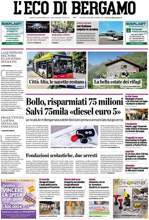 Prima pagina L'Eco di Bergamo di oggi - Quotidiano regionale