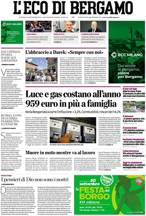 Prima pagina L'Eco di Bergamo di oggi - Quotidiano regionale