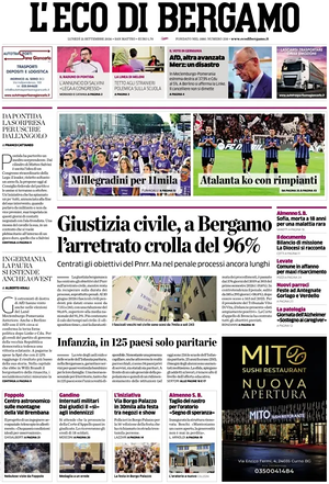 Prima pagina L'Eco di Bergamo di oggi - Quotidiano regionale