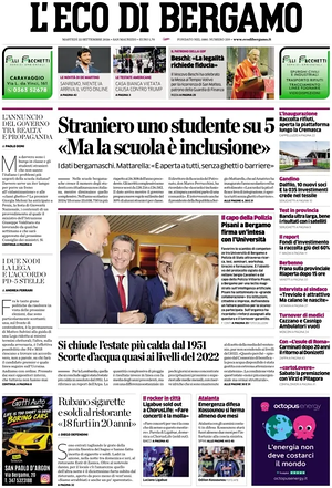 Prima pagina L'Eco di Bergamo di oggi - Quotidiano regionale