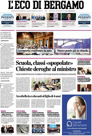 Prima pagina L'Eco di Bergamo di oggi - Quotidiano regionale