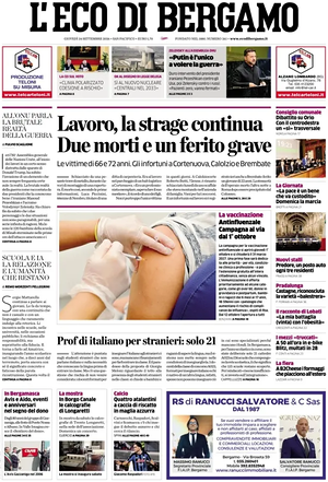 Prima pagina L'Eco di Bergamo di oggi - Quotidiano regionale