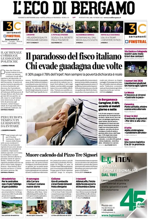 Prima pagina L'Eco di Bergamo di oggi - Quotidiano regionale
