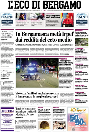 Prima pagina L'Eco di Bergamo di oggi - Quotidiano regionale