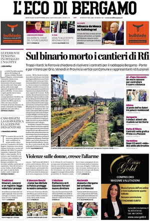 Prima pagina L'Eco di Bergamo di oggi - Quotidiano regionale