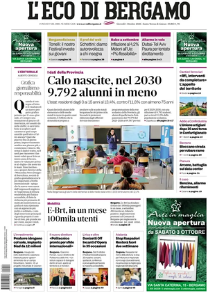 Prima pagina L'Eco di Bergamo di oggi - Quotidiano regionale