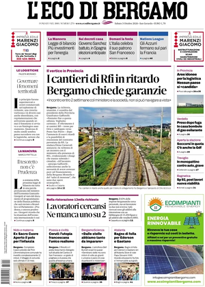 Prima pagina L'Eco di Bergamo di oggi - Quotidiano regionale