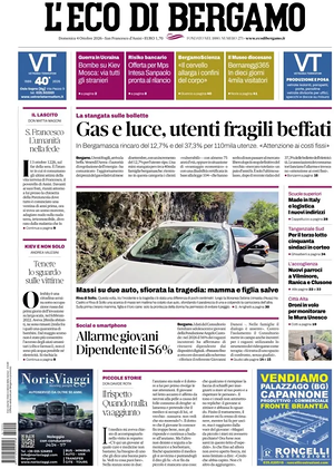 Prima pagina L'Eco di Bergamo di oggi - Quotidiano regionale
