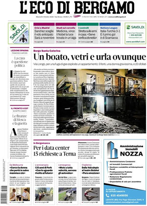 Prima pagina L'Eco di Bergamo di oggi - Quotidiano regionale