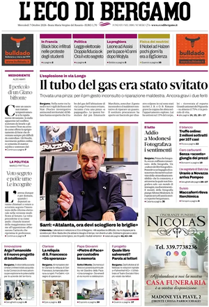 Prima pagina L'Eco di Bergamo di oggi - Quotidiano regionale