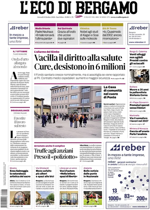 Prima pagina L'Eco di Bergamo di oggi - Quotidiano regionale