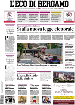 Prima pagina L'Eco di Bergamo di oggi - Quotidiano regionale