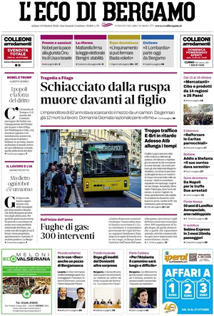 Prima pagina L'Eco di Bergamo di oggi - Quotidiano regionale