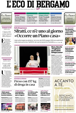 Prima pagina L'Eco di Bergamo di oggi - Quotidiano regionale