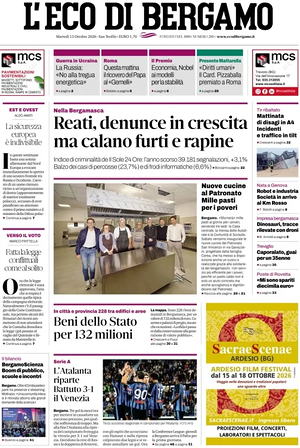 Prima pagina L'Eco di Bergamo di oggi - Quotidiano regionale