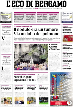 Prima pagina L'Eco di Bergamo di oggi - Quotidiano regionale