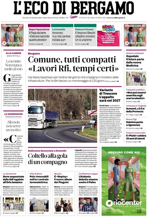 Prima pagina L'Eco di Bergamo di oggi - Quotidiano regionale