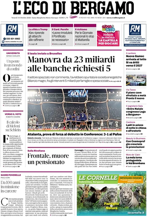 Prima pagina L'Eco di Bergamo di oggi - Quotidiano regionale