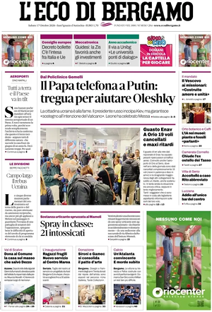 Prima pagina L'Eco di Bergamo di oggi - Quotidiano regionale
