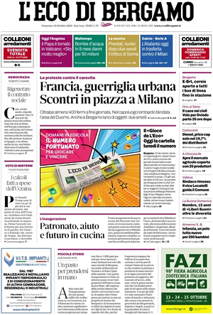 Prima pagina L'Eco di Bergamo di oggi - Quotidiano regionale