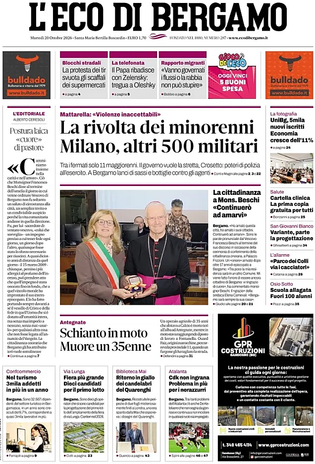 Prima pagina L'Eco di Bergamo di oggi - Edicola 20 Ottobre 2026